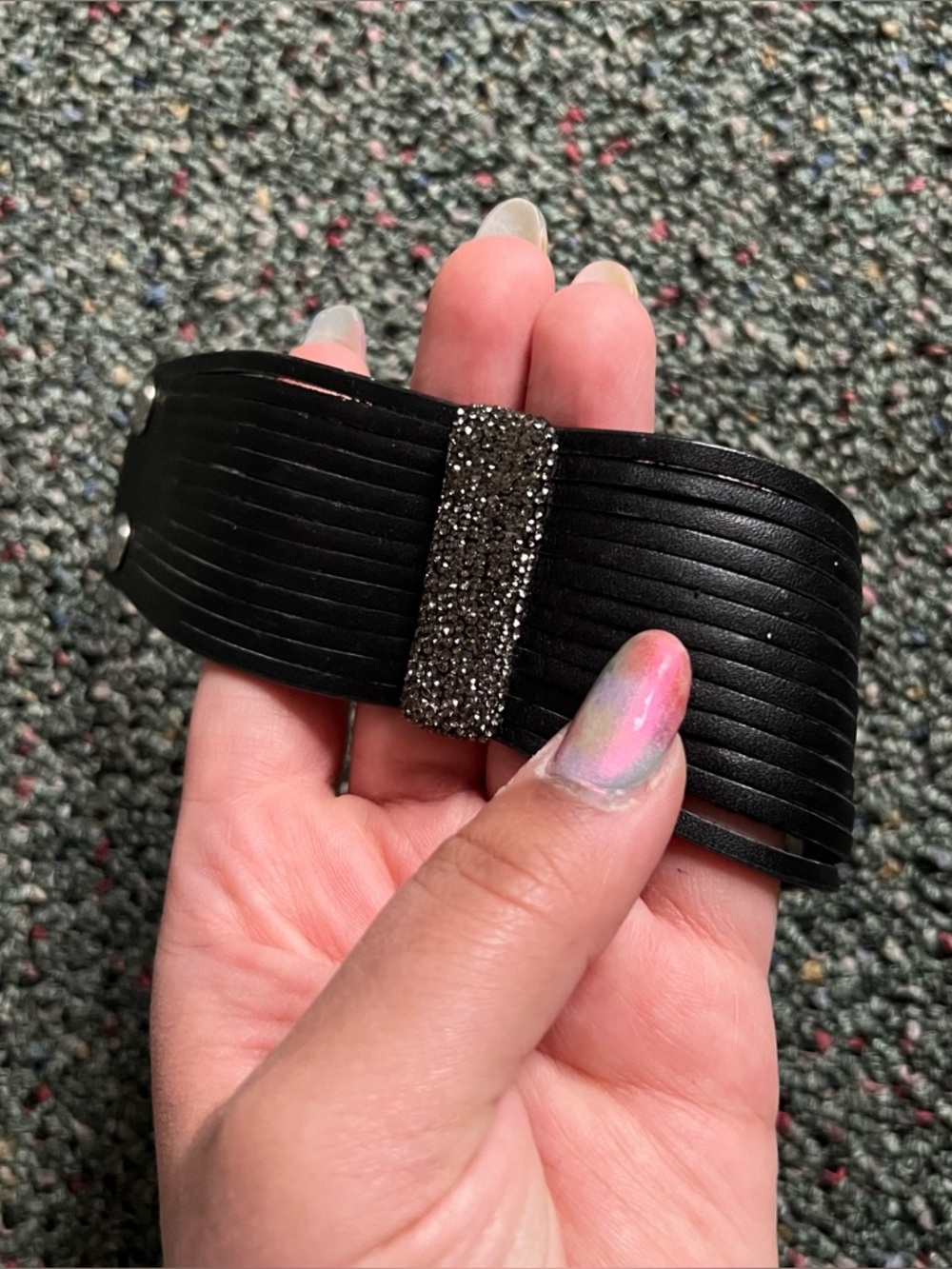 Y2K Black Leather Fringe Sparkly Wrist Thick Band Grunge Neutral Bracelet Jewelr